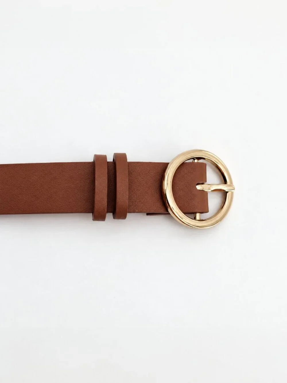 Brown Skinny Belt Gold Round Buckle Women’s Waist Belt